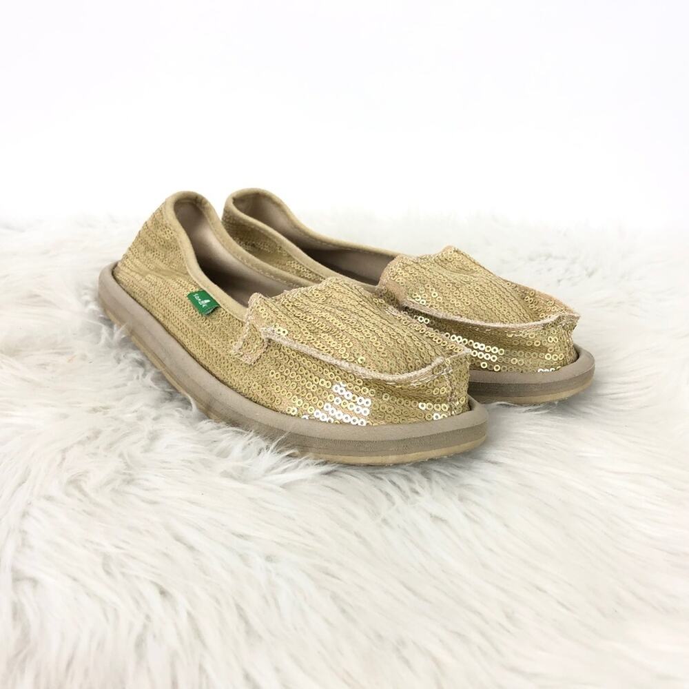 Sanuk 6 Womens Gold Sequin Slip-on Comfort Flats